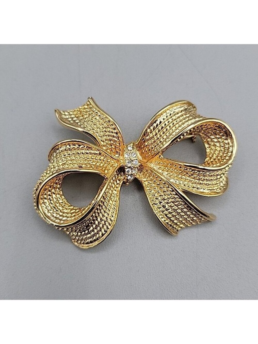 Allison Reed Messy Bow Brooch Swarovski Crystal Accented Textured Gold Tone